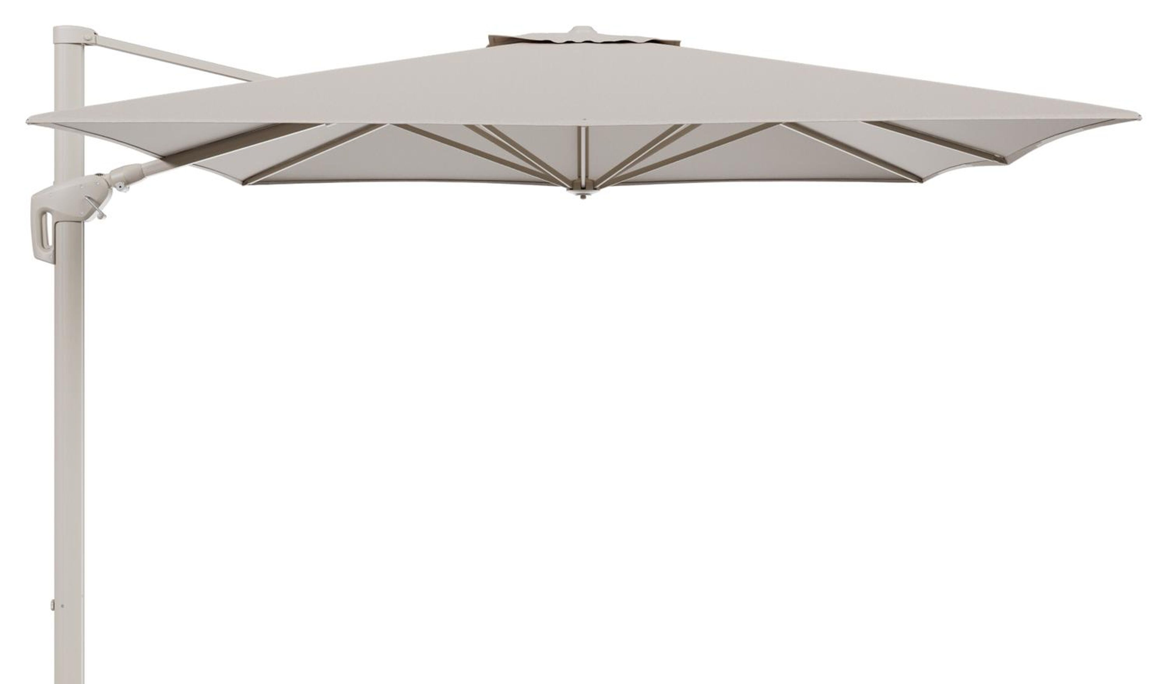 Minore zweefparasol met tiltfunctie in beige aluminium en Heritage Ash All Weather Sunbrella® Luxe parasoldoek - L1: 350 x L2: 350 cm (zonder voet) (zonder voet)
