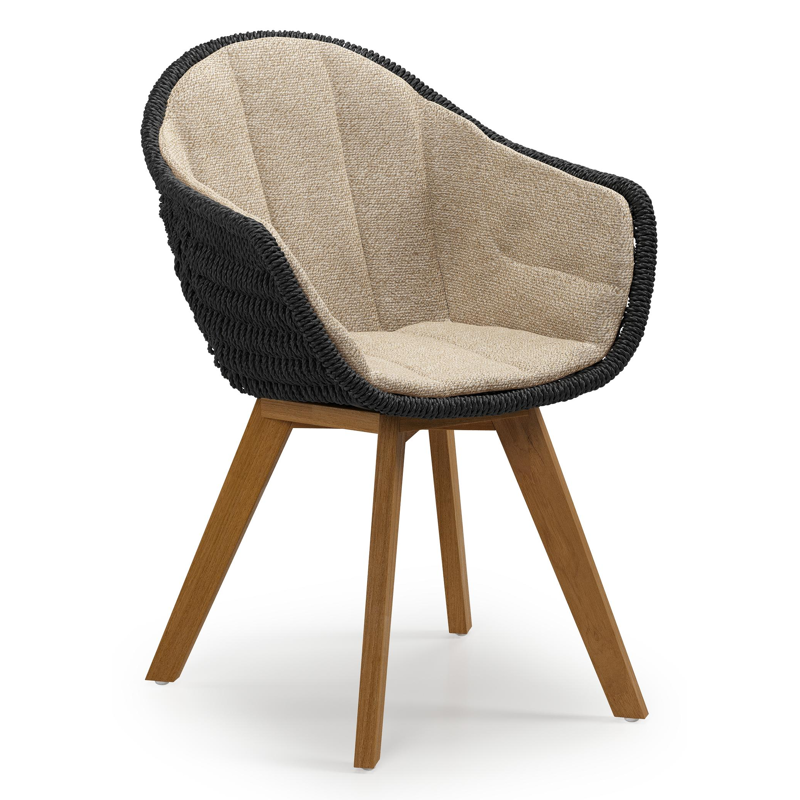 Pagino tuinstoel in teak en zwart ronde wicker met zitkussen in All Weather Cosytica Madagascar Oak