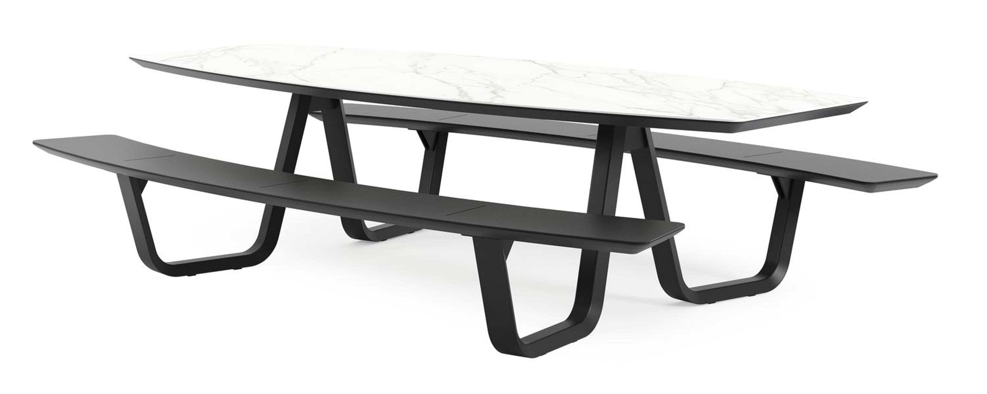 Table de pique-Forno forme de bateau en aluminium noir et céramique pleine Calacatta - Lg. 280 x Lrg. 192 x Haut. 72 cm