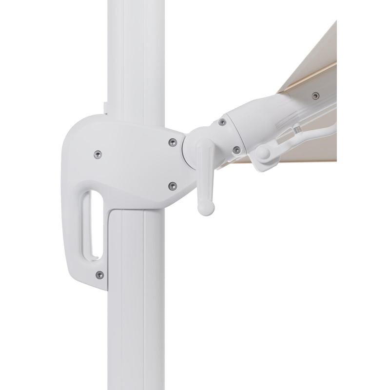 Rufina zweefparasol met tiltfunctie in wit aluminium en Natte Linen Chalk All Weather Sunbrella® Luxe parasoldoek - L1 300 x L2 300 cm met parasolvoet Minore 150 kg met wielen