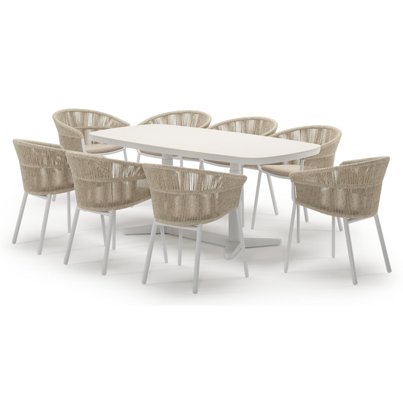 Tarsia tuinset bootvorm in wit aluminium en sintered stone Crema minerale met 8 Matera tuinstoelen