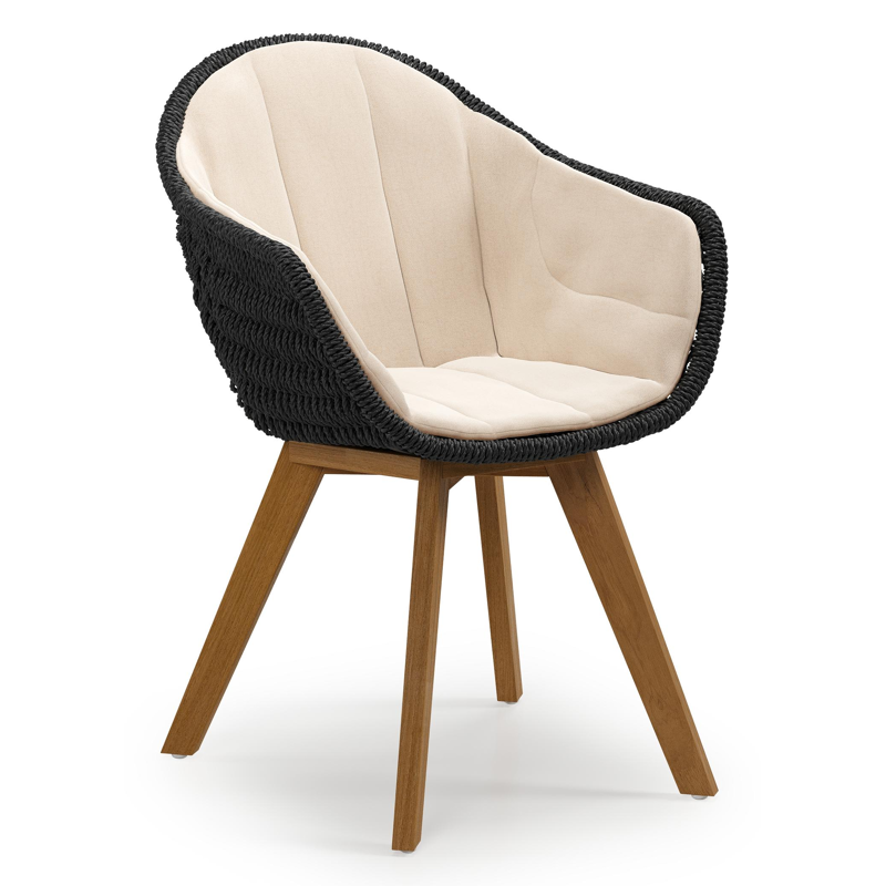 Pagino tuinstoel in teak en zwart ronde wicker met zitkussen in All Weather Sunbrella® Luxe Natte Linen Chalk