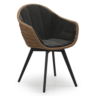 Pagino tuinstoel in zwart aluminium en bruin ronde wicker met zitkussen in All Weather Sunbrella® Luxe Natte Sooty