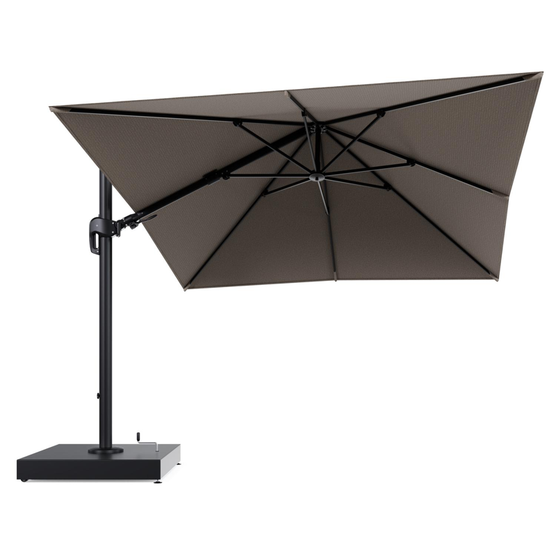 Rufina zweefparasol met tiltfunctie in zwart aluminium en Firenze Earth All Weather Solica parasoldoek - L1 300 x L2 300 cm met parasolvoet Minore 260 kg met wielen