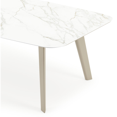 Table de jardin Lacrima forme de bateau en aluminium beige et céramique pleine Calacatta - Lg. 255 x Lrg. 115 x Haut. 74 cm