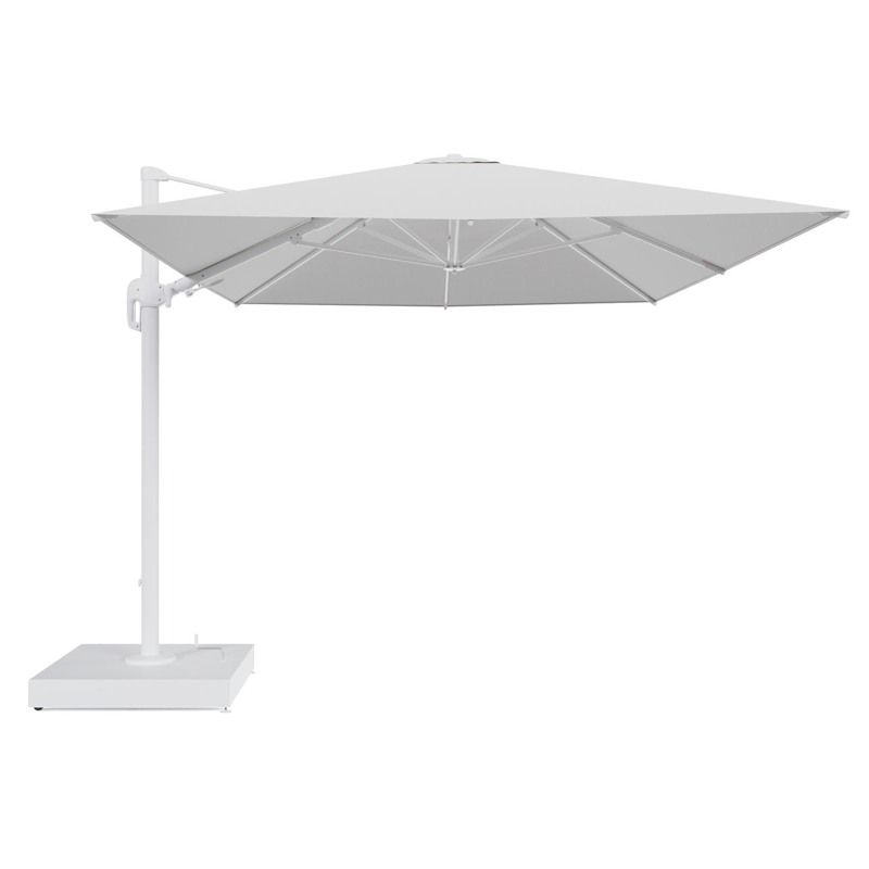 Rufina zweefparasol met tiltfunctie in wit aluminium en Ego Birch All Weather Solica parasoldoek - L1 400 x L2 300 cm met parasolvoet Minore 260 kg met wielen