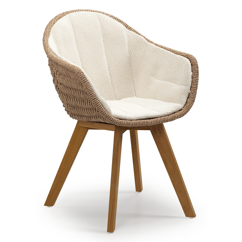 Pagino tuinstoel in teak en naturel ronde wicker met zitkussen in All Weather Cosytica Althea Off White
