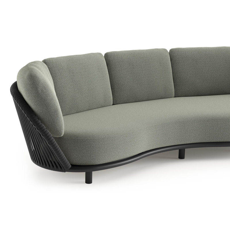 Canapé de jardin Lupino en aluminium noir et corde large plate de luxe tissée verticalement noir et coussins en all weather sunbrella® luxe savane leaf