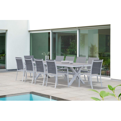 Reza tuinset in wit aluminium en grijs volkeramiek tafelblad met 10 stapelbare Calobra tuinstoelen