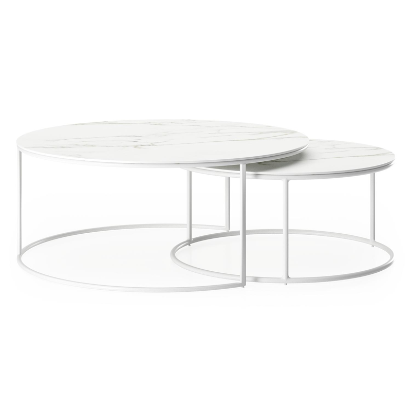 Fano loungetafels in wit aluminium en calacatta volkeramiek - Dia. 85/65 X H 35/30 cm