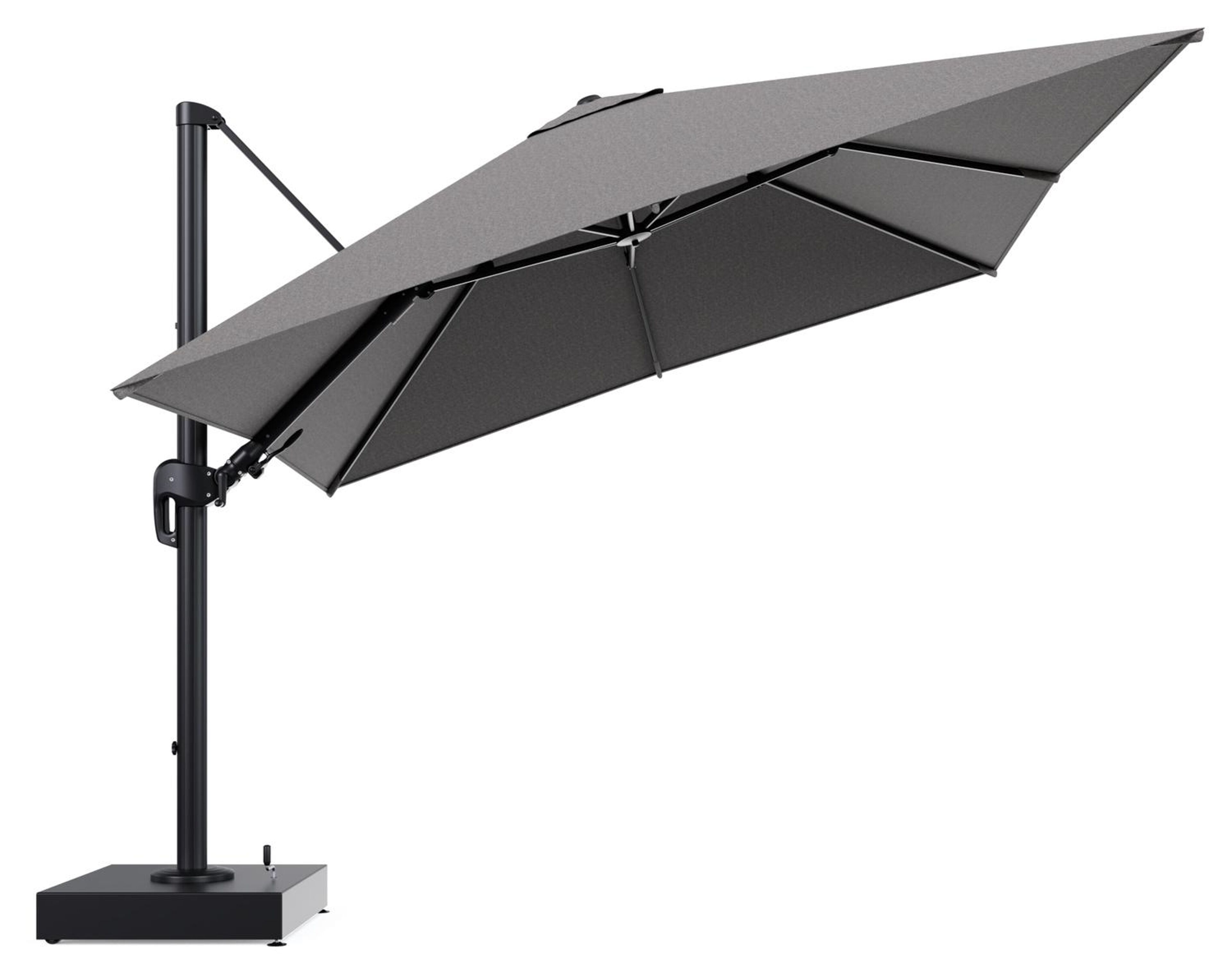 Rufina zweefparasol met tiltfunctie in zwart aluminium en Chartres Drizzle All Weather Sunbrella® Luxe parasoldoek - L1 300 x L2 300 cm met parasolvoet Minore 150 kg met wielen