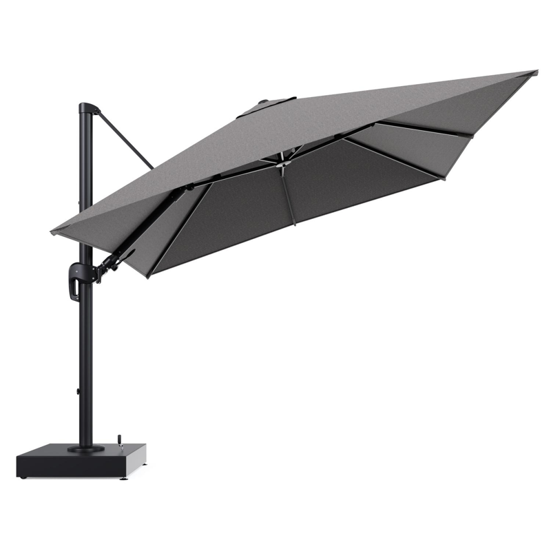 Rufina zweefparasol met tiltfunctie in zwart aluminium en Chartres Drizzle All Weather Sunbrella® Luxe parasoldoek - L1 300 x L2 300 cm met parasolvoet Minore 150 kg met wielen