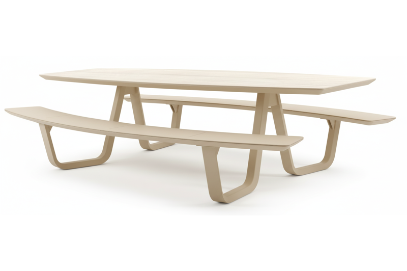 Forno picknicktafel bootvorm in beige aluminium en volkeramiek Travertino Bianco - L 280 x B 192 x H 72 cm