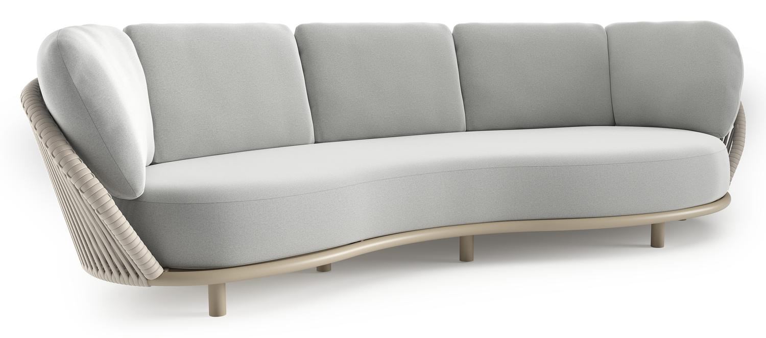 Lupino loungebank in beige aluminium en beige verticaal geweven luxe vlakke brede rope met natte grey chine all weather sunbrella® luxe kussen