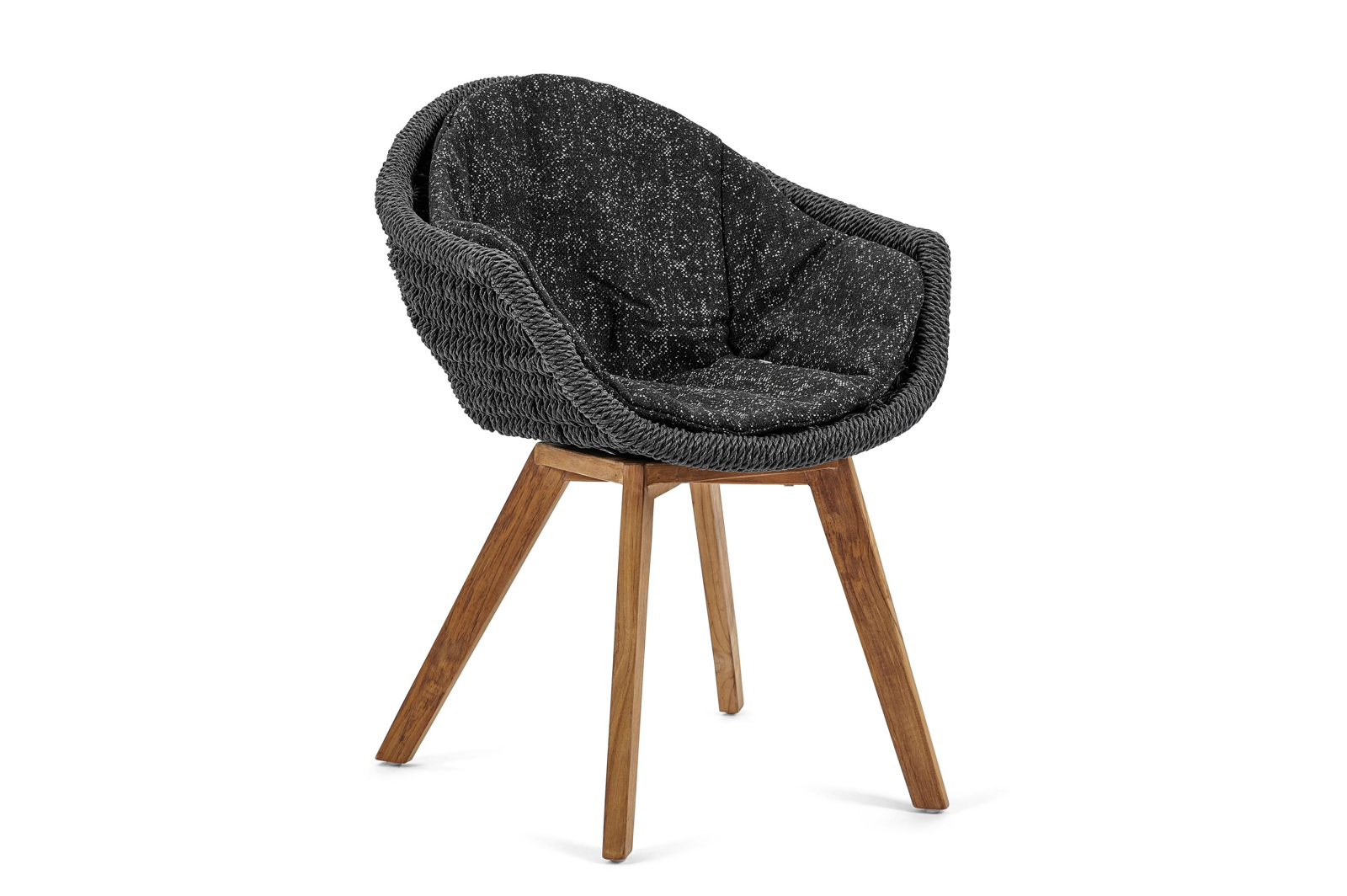 Chaise de jardin Pagino in teck et résine tressée naturel avec coussin en tweed raven all weather sunbrella® luxe