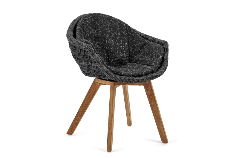 Pagino tuinstoel in teak en naturel wicker met kussen in tweed raven all weather sunbrella® luxe