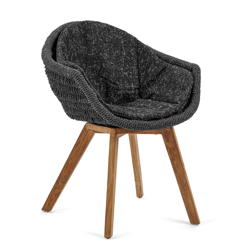 Pagino tuinstoel in teak en naturel wicker met kussen in tweed raven all weather sunbrella® luxe