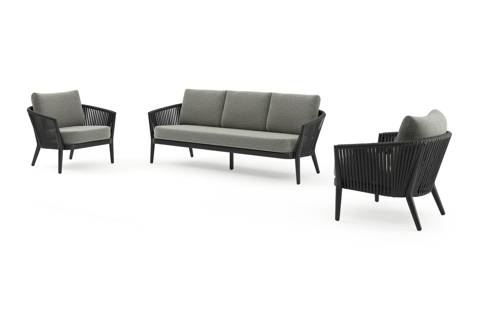 Orso loungeset in zwart aluminium en zwart verticaal geweven luxe vlakke rope met Slow Fern all weather sunbrella® luxe kussen