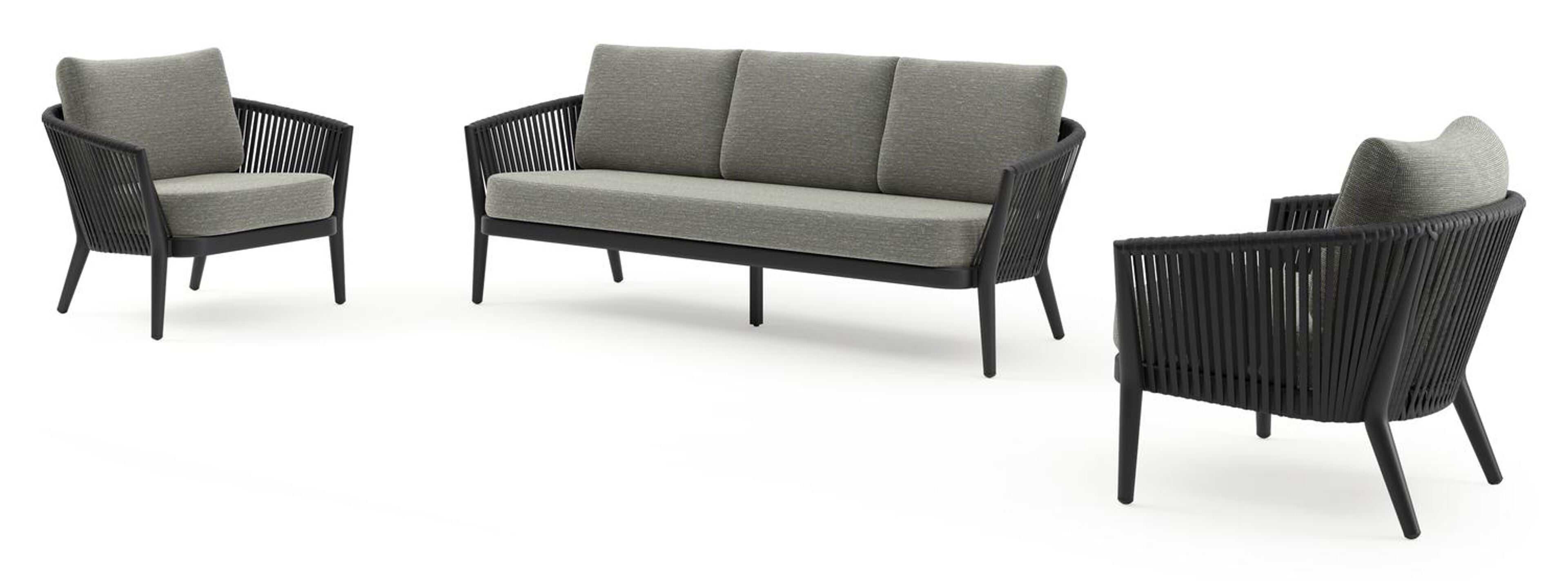 Salon de jardin Orso en aluminium noir en corde luxe plate tissée verticalement noir et coussins en all weather sunbrella® luxe Slow Fern