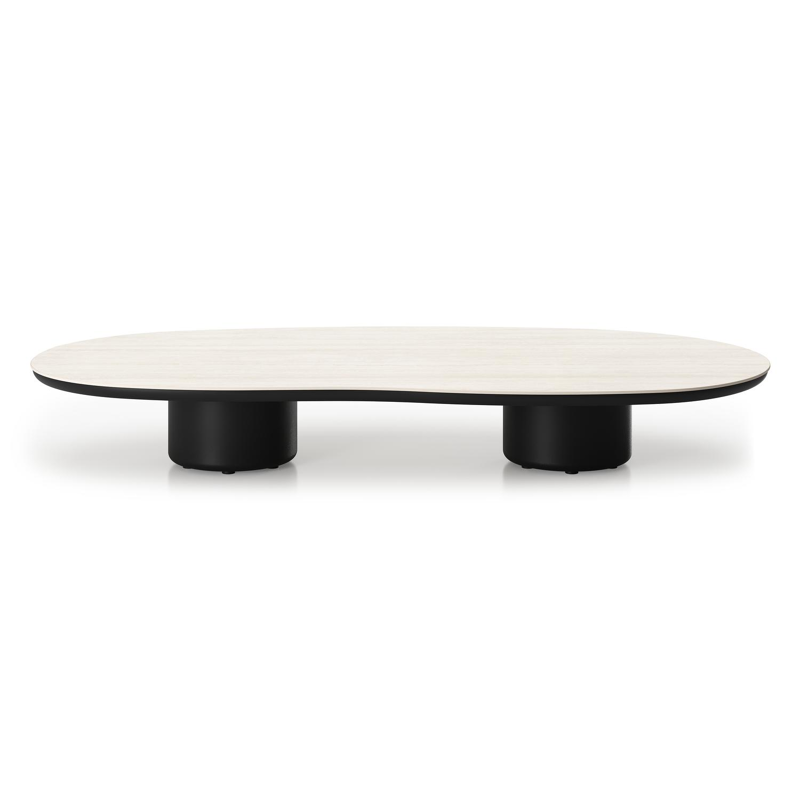 Table de basse Amico organique en aluminium noir et céramique pleine Travertino Bianco - Lg. 170 x Lrg. 91 x Haut. 25 cm