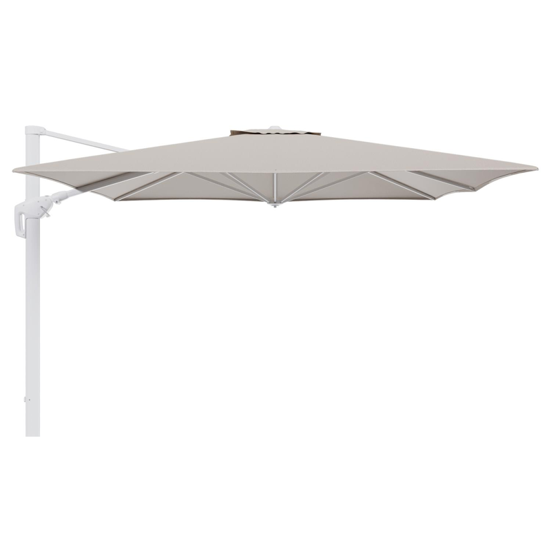 Minore zweefparasol tiltfunctie in wit aluminium en parasoldoek in All Weather Sunbrella® Luxe Heritage Ash  - L1 350 x L2: 350 cm (zonder voet)