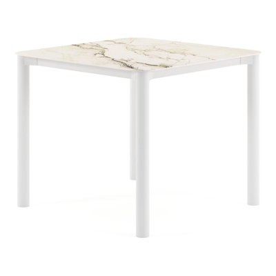 Table de jardin Orso rectangulaire arrondi en aluminium blanc et céramique pleine Colorado Dunes - Lg. 90 x Lrg. 90 x Haut. 74.5 cm