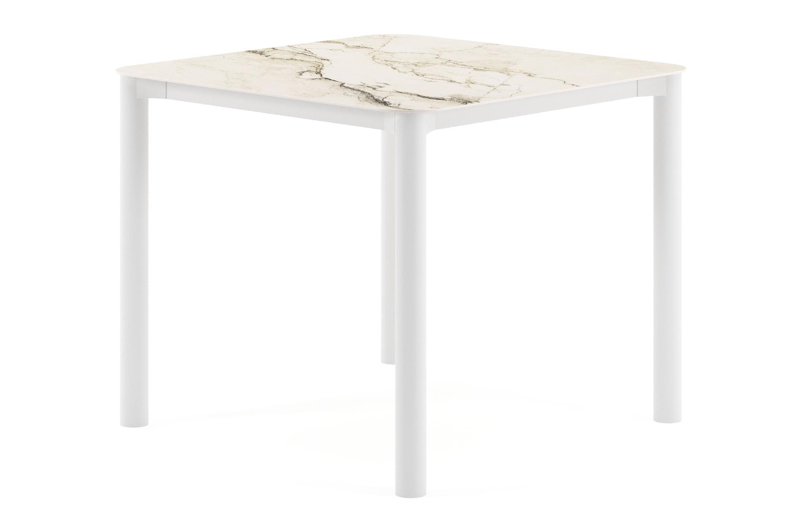Table de jardin Orso rectangulaire arrondi en aluminium blanc et céramique pleine Colorado Dunes - Lg. 90 x Lrg. 90 x Haut. 74.5 cm