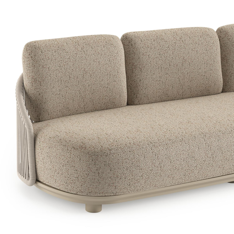 Salon de jardin Vadelo en aluminium beige et corde ronde tissée verticalement beige et coussins en all weather cosytica bora jungle