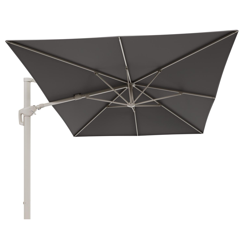 Minore zweefparasol met tiltfunctie in beige aluminium en Natte Nature Grey All Weather Sunbrella® Luxe parasoldoek - L1: 400 x L2: 300 cm (zonder voet)