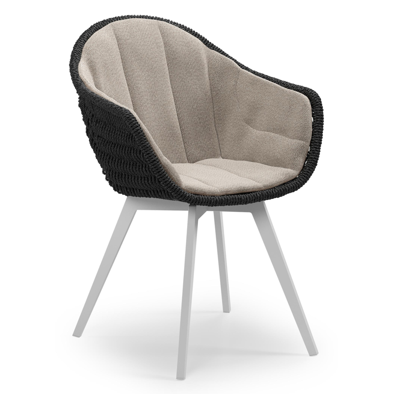 Pagino tuinstoel in wit aluminium en zwart ronde wicker met zitkussen in All Weather Sunbrella® Luxe Savane Coconut