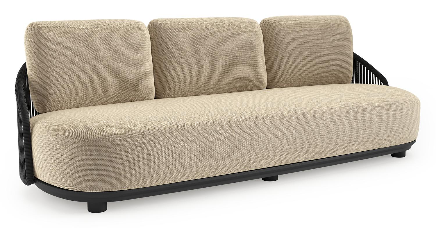 Canapé de jardin Vadelo en aluminium noir et corde ronde tissée verticalement noir et coussins en all weather cosytica althea camel