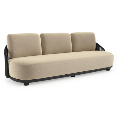 Vadelo loungebank in zwart aluminium en zwart verticaal geweven ronde rope met althea camel all weather cosytica kussen