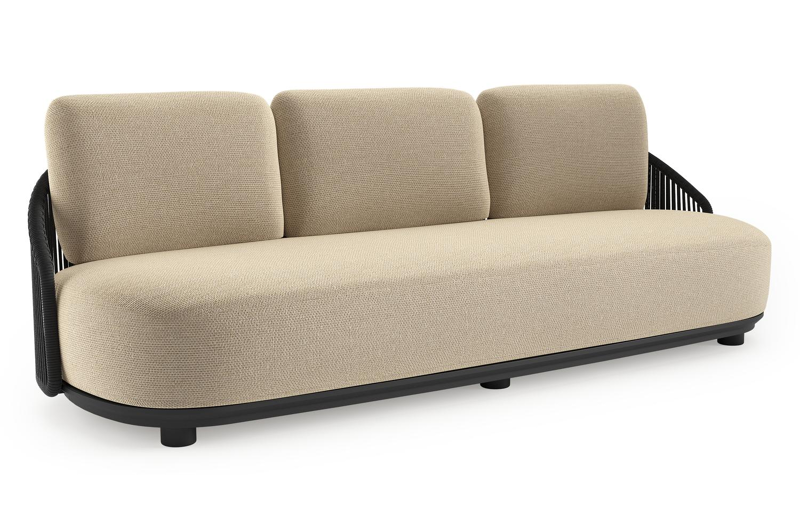 Vadelo loungebank in zwart aluminium en zwart verticaal geweven ronde rope met althea camel all weather cosytica kussen