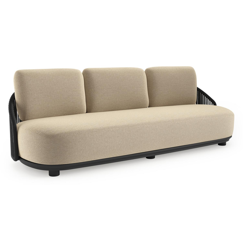 Canapé de jardin Vadelo en aluminium noir et corde ronde tissée verticalement noir et coussins en all weather cosytica althea camel