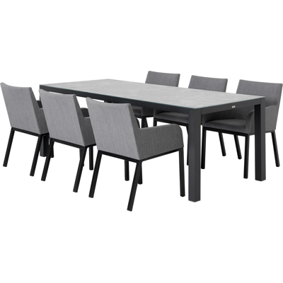 Varese tuinset in zwart aluminium en grijs keramisch glas tafelblad met 6 Rivo tuinstoelen