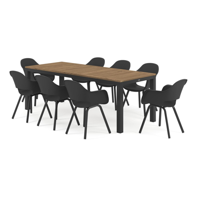 Ensemble de jardin Varese en aluminium noir avec plateau de table en teck naturel et 8 chaises de jardin Artena