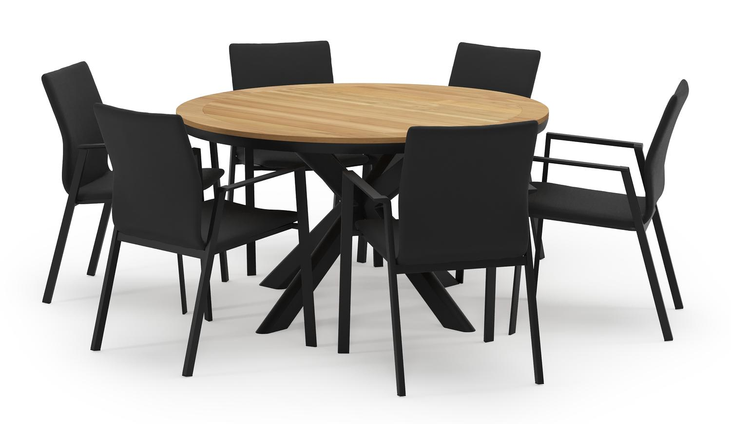 Pamplona ronde tuinset in zwart aluminium en teak naturel met 6 Madura tuinstoelen