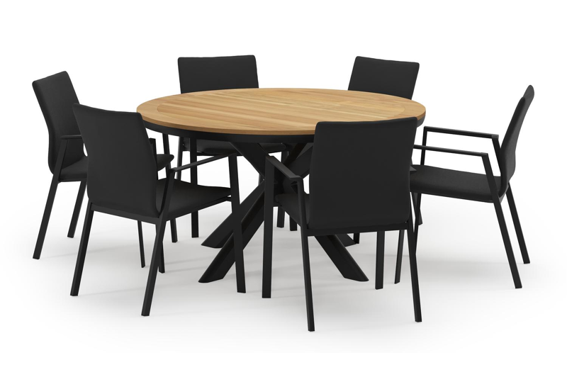 Pamplona ronde tuinset in zwart aluminium en teak naturel met 6 Madura tuinstoelen