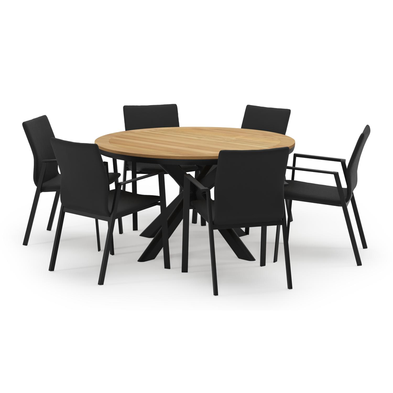 Pamplona ronde tuinset in zwart aluminium en teak naturel met 6 Madura tuinstoelen