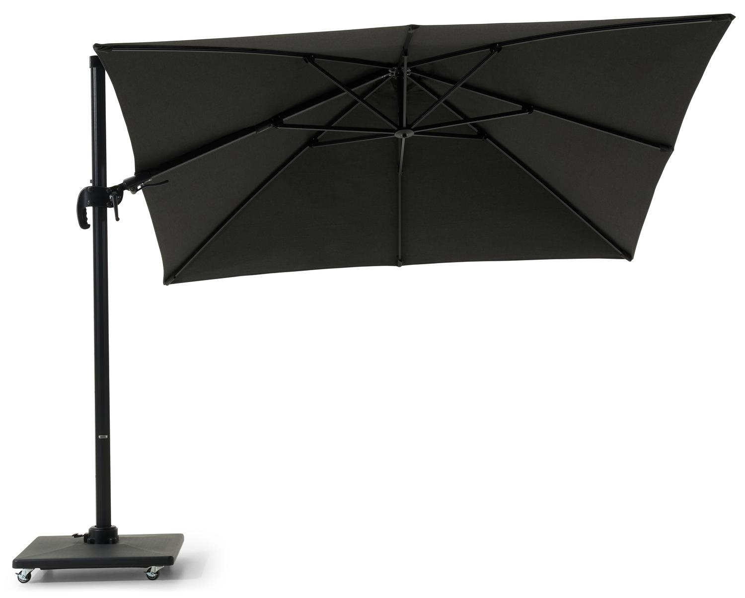 Avola zweefparasol met tiltfunctie in zwart aluminium en Natte Sooty Sunbrella® Premium parasoldoek - L1 300 x L2 300 cm met Avola parasolvoet 90 kg