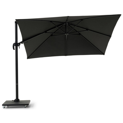 Avola zweefparasol met tiltfunctie in zwart aluminium en Natte Sooty Sunbrella® Premium parasoldoek - L1 300 x L2 300 cm met Avola parasolvoet 90 kg