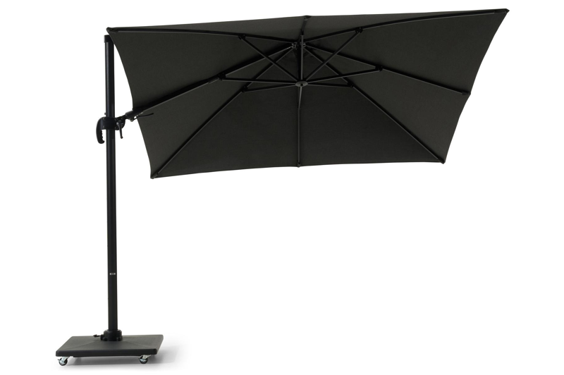 Avola zweefparasol met tiltfunctie in zwart aluminium en Natte Sooty Sunbrella® Premium parasoldoek - L1 300 x L2 300 cm met Avola parasolvoet 90 kg