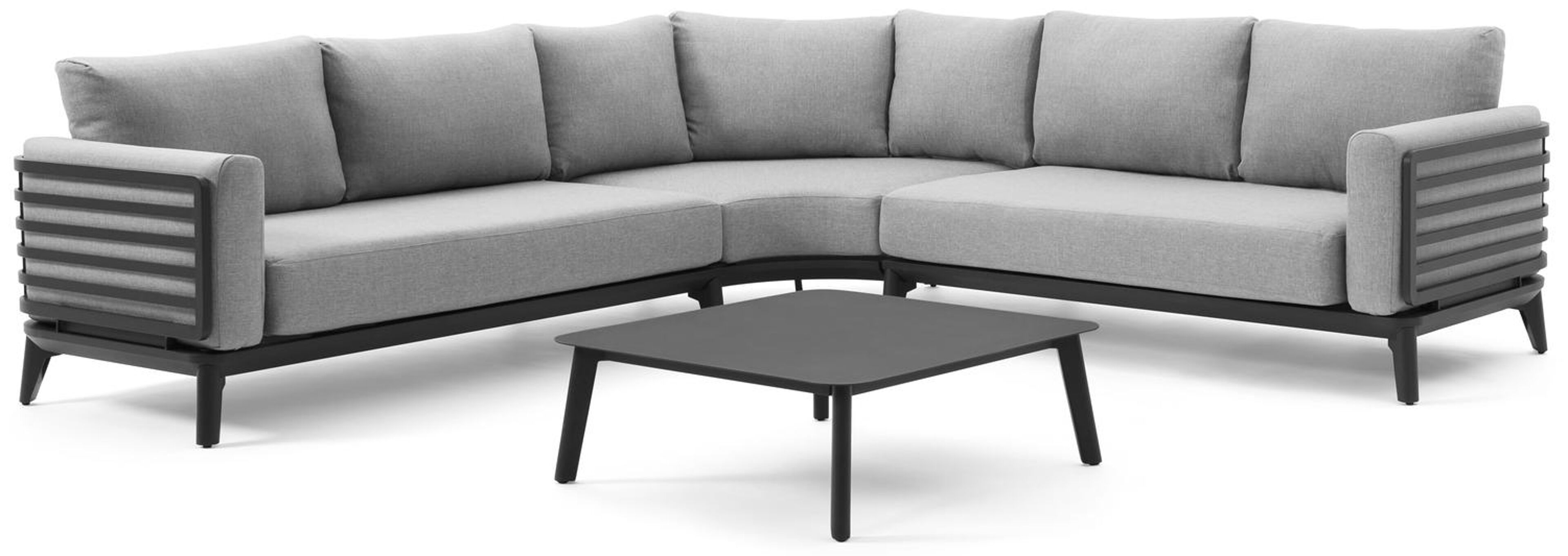 Mosa loungeset in zwart aluminium met grijs weather+ softtouch en loungetafel