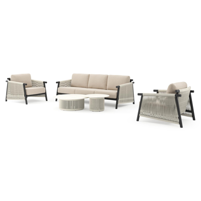 Erla loungeset in zwart aluminium met rustic weather+ softtouch kussens en loungetafel
