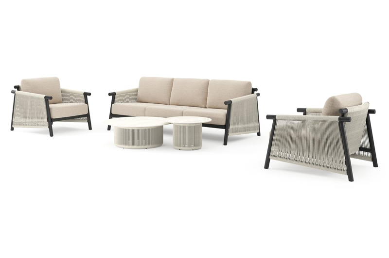 Erla loungeset in zwart aluminium met rustic weather+ softtouch kussens en loungetafel