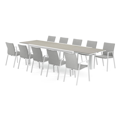 Aspra tuinset met verlengbare tafel in wit aluminium en grijs volkeramiek op glas tafelblad met 10 stapelbare Madura tuinstoelen