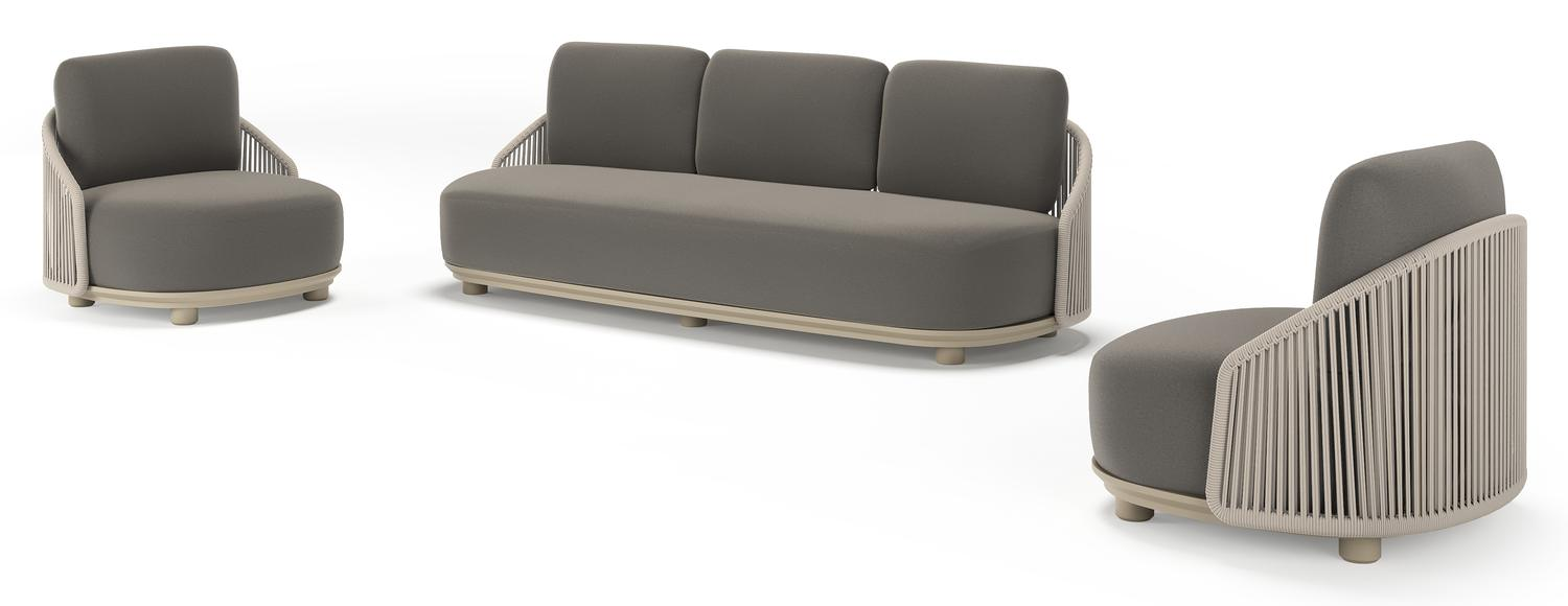 Vadelo loungeset in beige aluminium en beige verticaal geweven ronde rope met natte dark taupe all weather sunbrella® luxe kussen