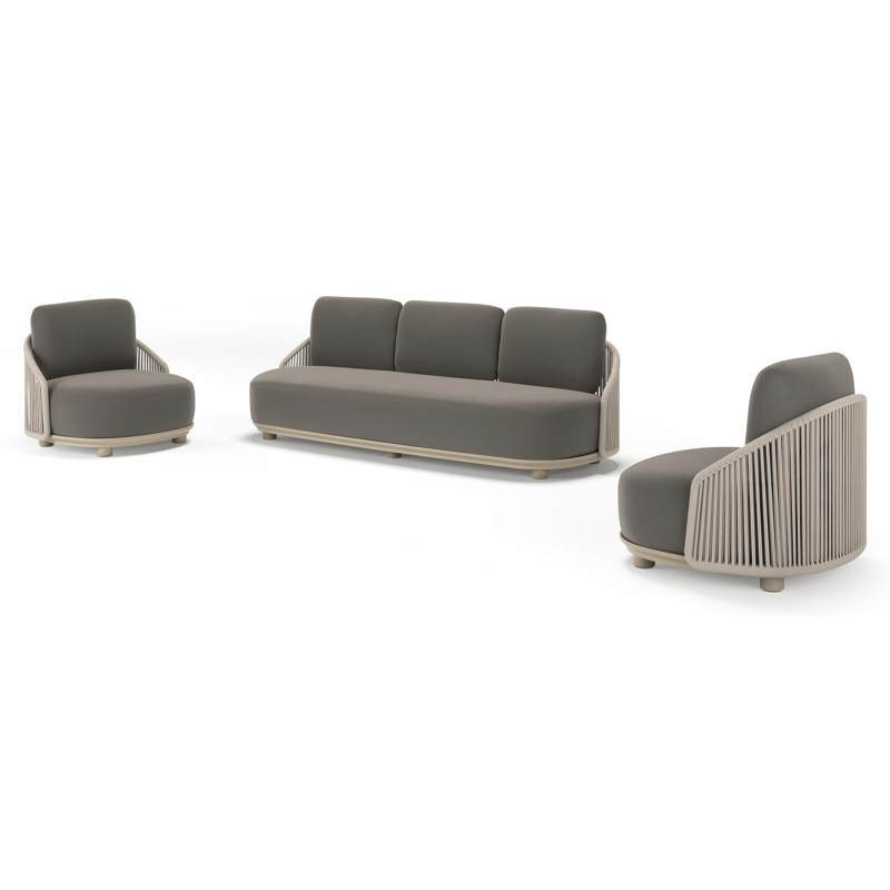 Vadelo loungeset in beige aluminium en beige verticaal geweven ronde rope met natte dark taupe all weather sunbrella® luxe kussen