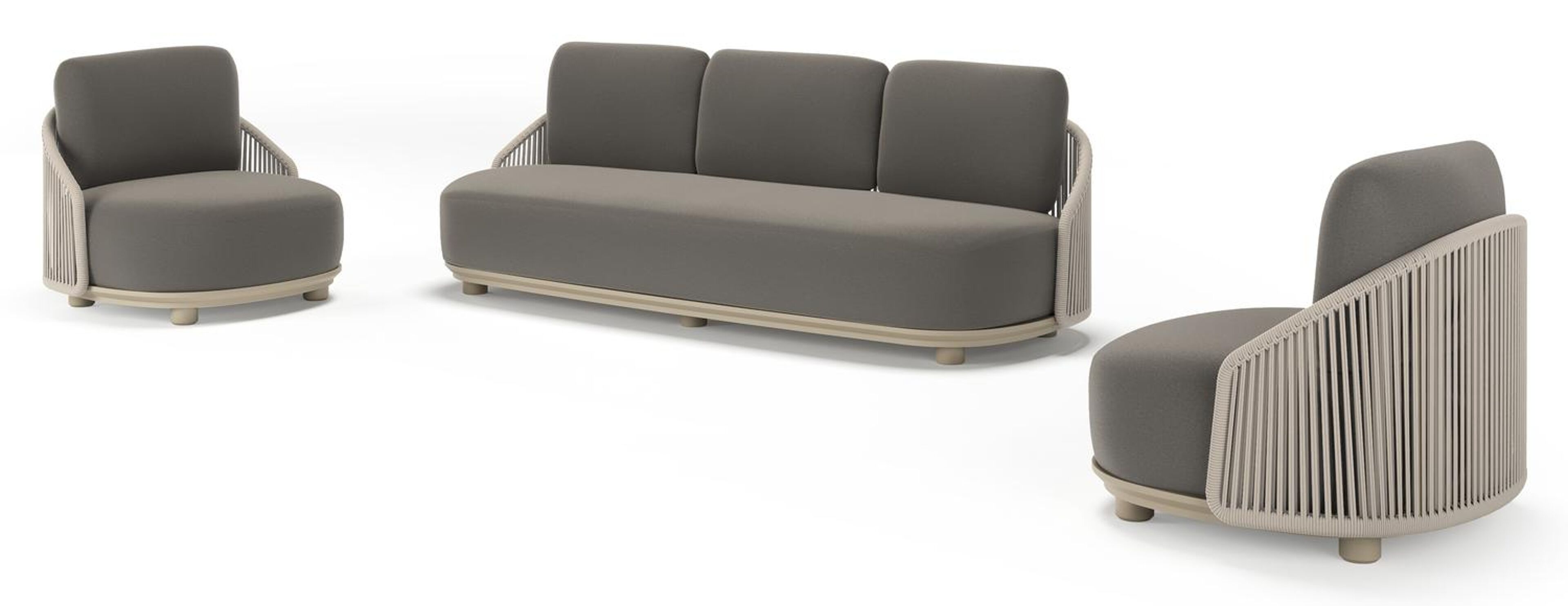 Vadelo loungeset in beige aluminium en beige verticaal geweven ronde rope met natte dark taupe all weather sunbrella® luxe kussen
