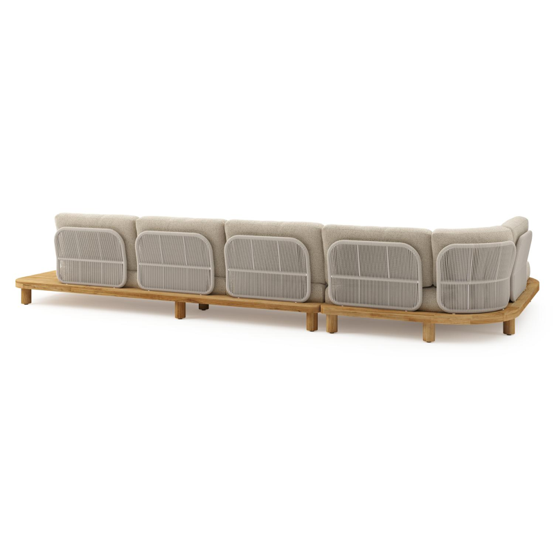 Salon de jardin d'angle Donato en teck et corde ronde tissée verticalement beige et coussins en all weather cosytica Bora Forest